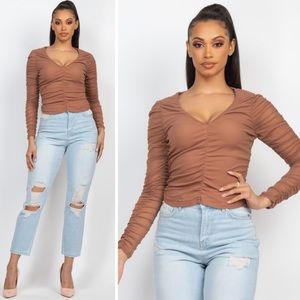 V neckline mesh long sleeve top